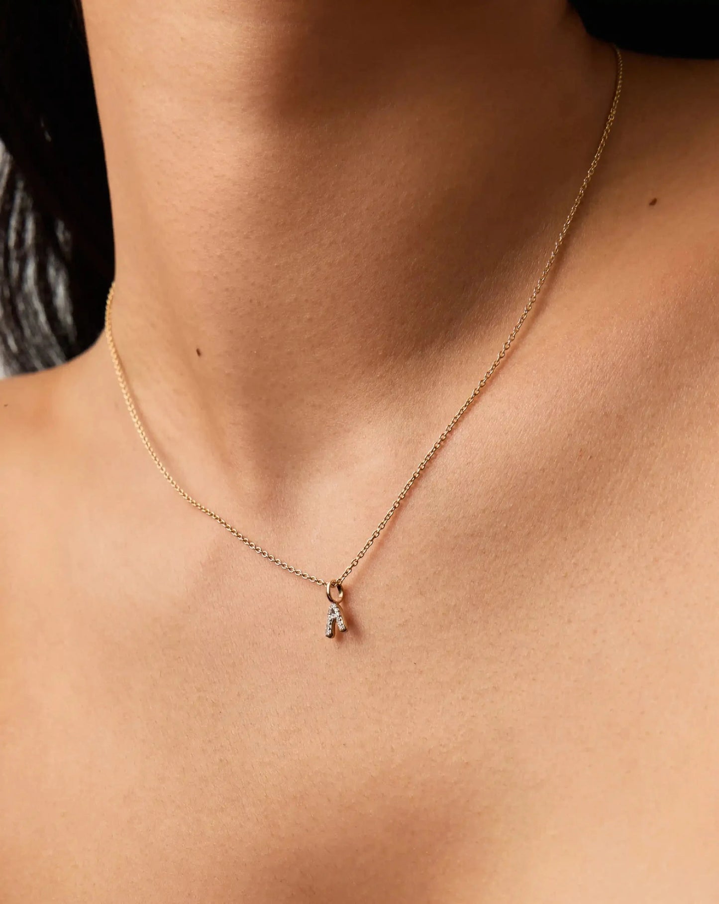 Solid Gold Diamond Initial Mini Pendant Necklace  - A | 14k Solid Yellow Gold Plated/Diamond