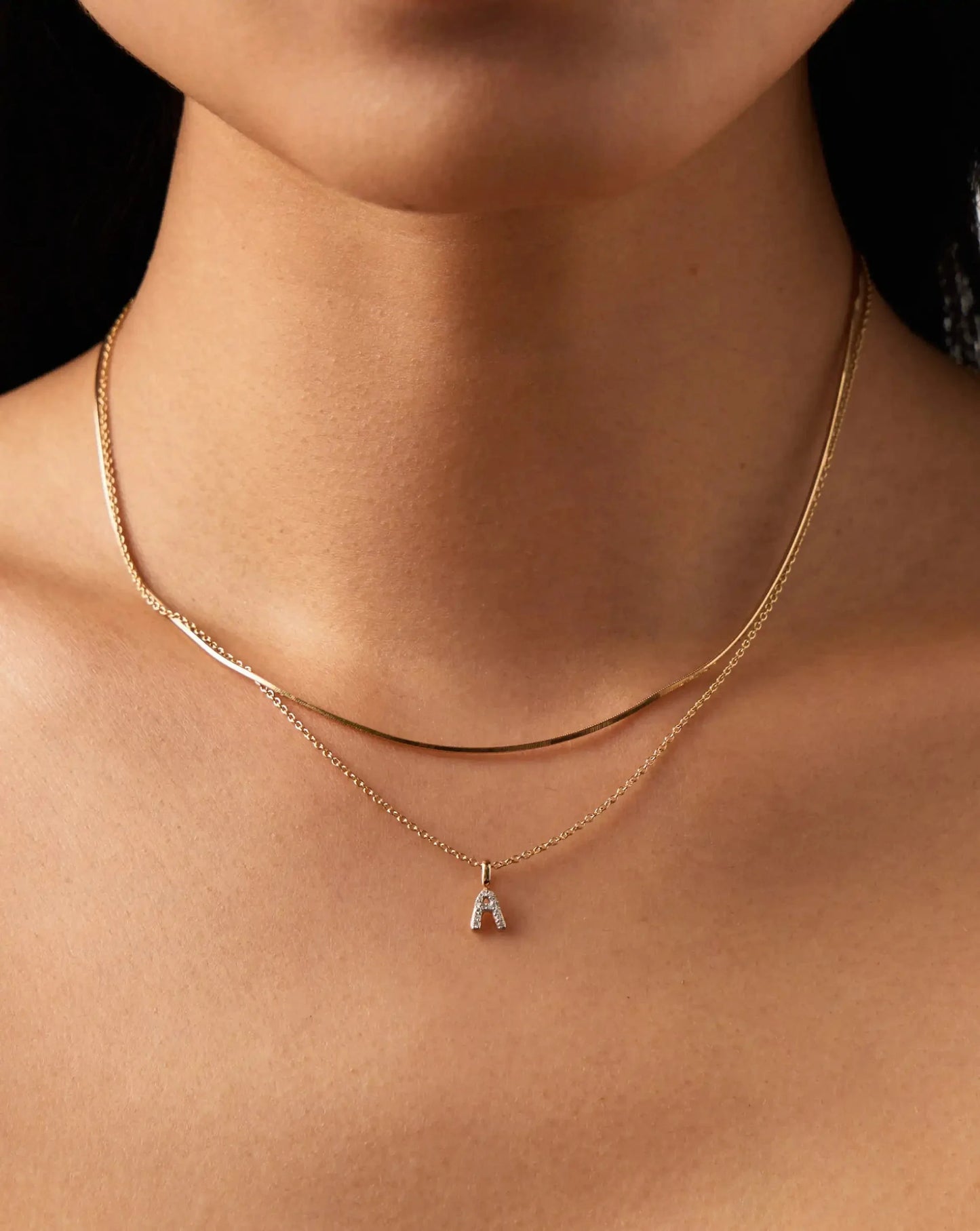 Solid Gold Diamond Initial Mini Pendant Necklace  - A | 14k Solid Yellow Gold Plated/Diamond